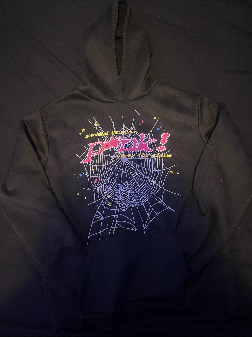 Black Crewneck Hoodie with Colorful Spiderweb Graphic